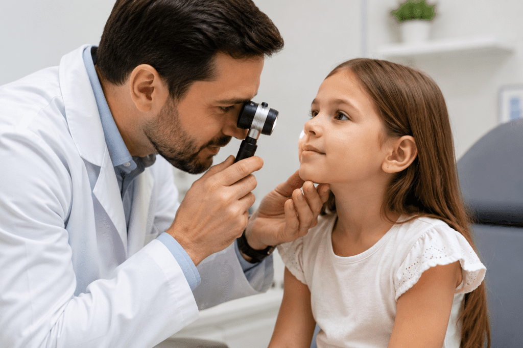 Dermatologista infantil em Rio do Sul SC examinando a pele do rosto de uma criança com dermatoscópio durante consulta dermatológica.