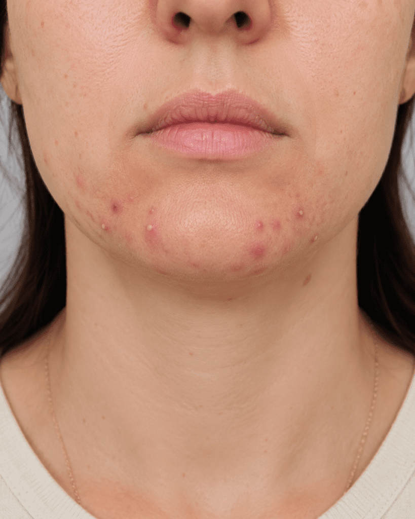 Imagem clínica ilustrativa de acne da mulher adulta, com espinhas inflamadas no queixo e na região mandibular.