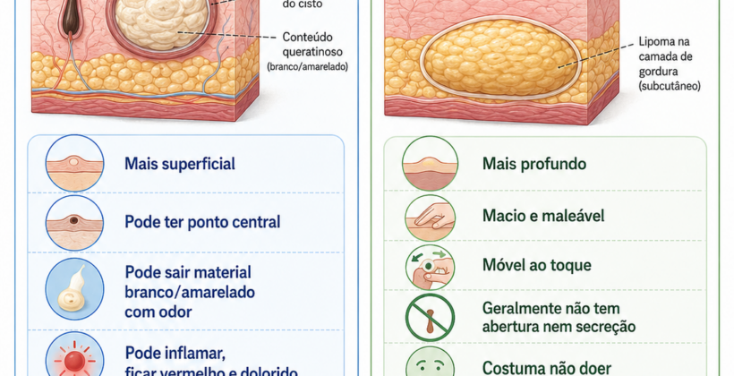 Caroço na pele: pode ser cisto sebáceo ou lipoma? Caroço na pele: pode ser cisto sebáceo ou lipoma?