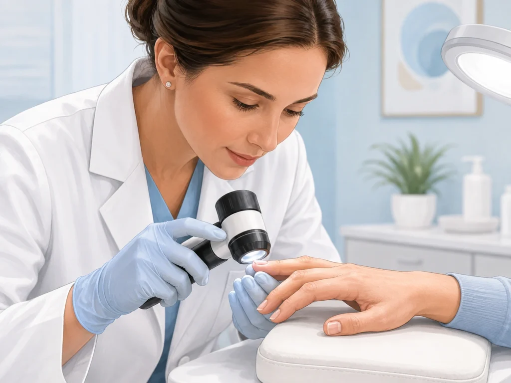 Dermatologista examinando a unha de uma paciente com dermatoscópio