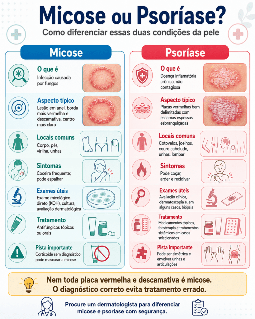 Infográfico comparando micose ou psoríase, mostrando diferenças clínicas, locais comuns, sintomas, exames úteis e tratamentos para cada condição.