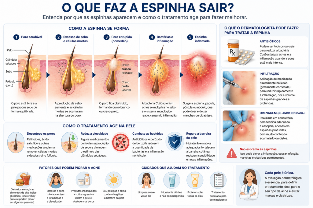 Infográfico explicando o que faz a espinha sair, mostrando como o poro entope, inflama e como o tratamento dermatológico pode agir na acne.