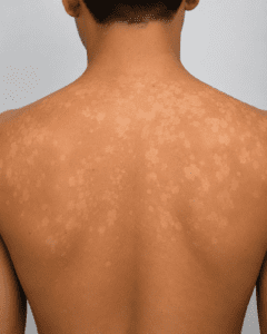 Imagem clínica ilustrativa de pano branco nas costas e ombros, com manchas claras irregulares compatíveis com pitiríase versicolor.