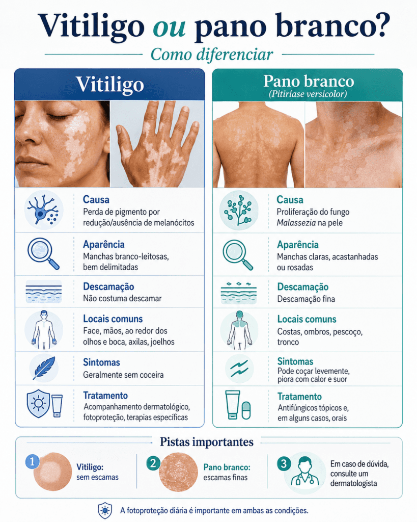 Infográfico comparando vitiligo e pano branco, mostrando diferenças na causa, aparência das manchas, descamação, locais mais comuns, sintomas e tratamento.