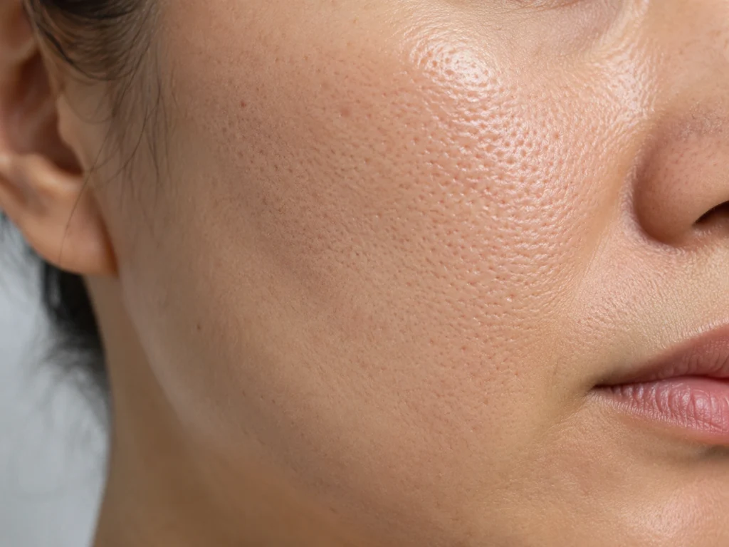 Close realista de poros dilatados no rosto, mostrando textura de casca de laranja e oleosidade na bochecha. Imagem criada por IA.