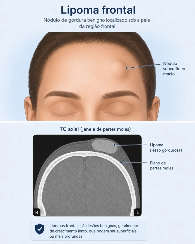 Ilustração de lipoma frontal com nódulo subcutâneo na testa e tomografia esquemática