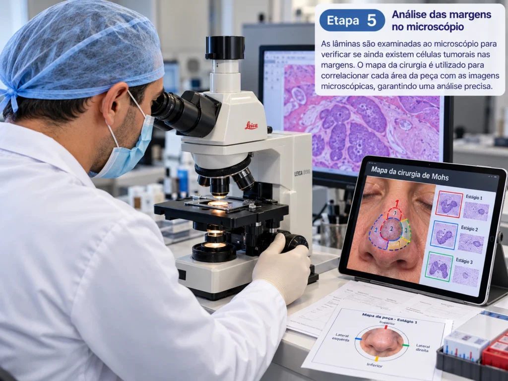 Médico examinando lâminas no microscópio com mapa digital da cirurgia de Mohs ao lado