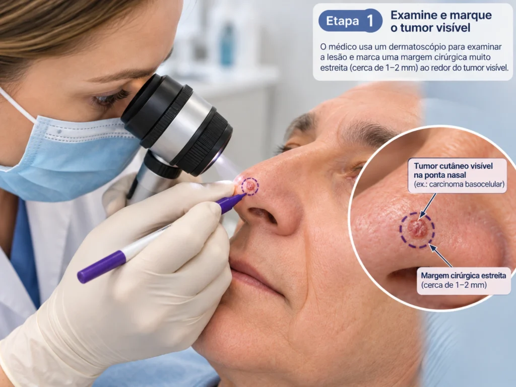 Médico examinando tumor na ponta nasal com dermatoscópio e delimitando margem inicial da cirurgia de Mohs