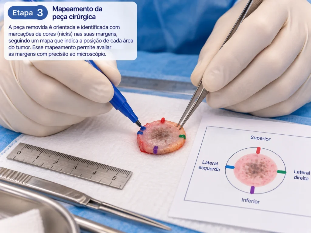 Médico realizando marcações coloridas e mapeamento da peça cirúrgica durante cirurgia de Mohs