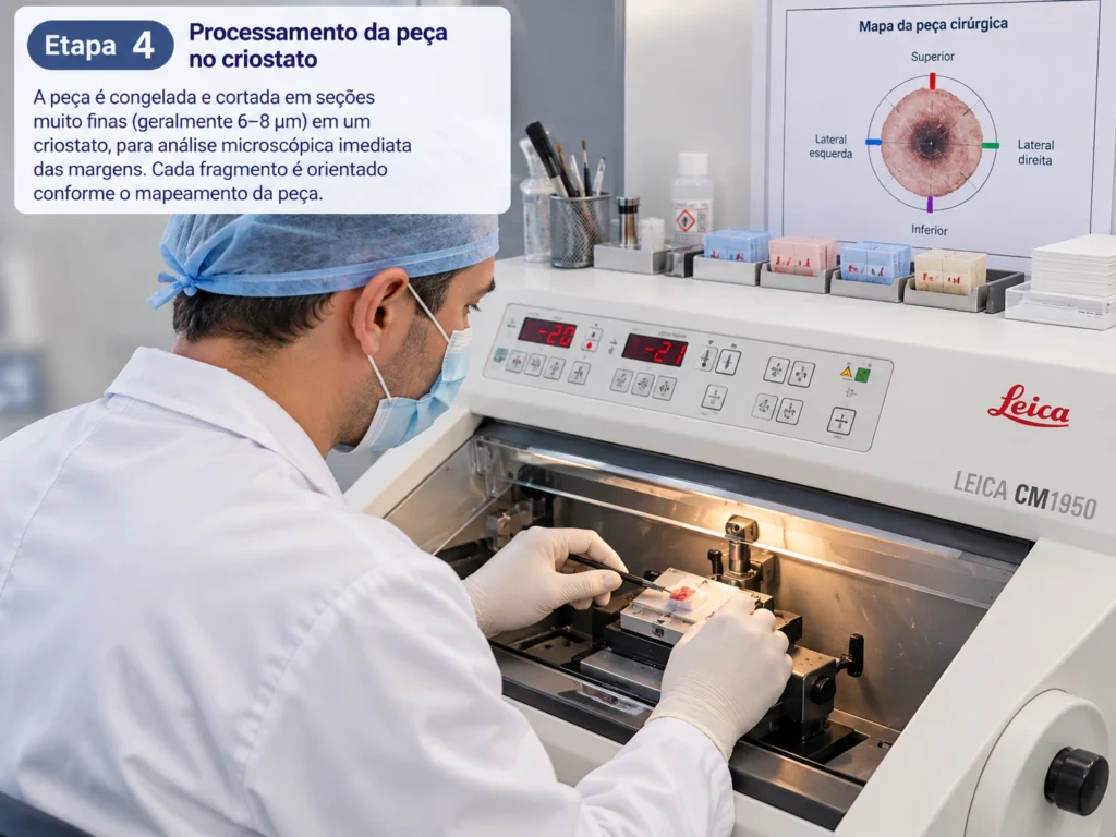 Médico processando peça cirúrgica em criostato para análise das margens na cirurgia de Mohs