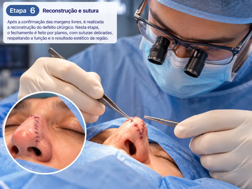 Médico realizando sutura na ponta nasal após confirmação de margens livres na cirurgia de Mohs